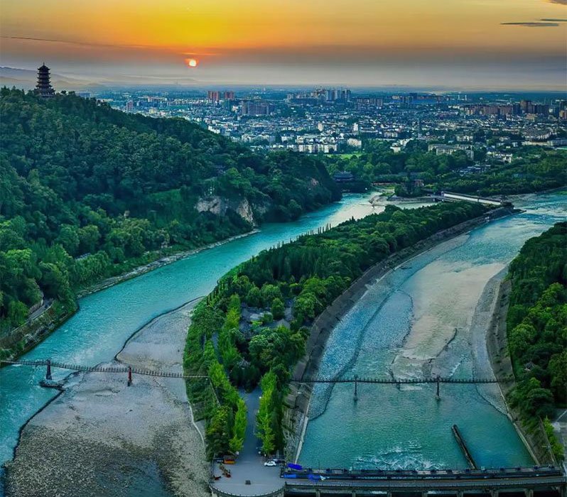 a view of dujiangyan at dusk